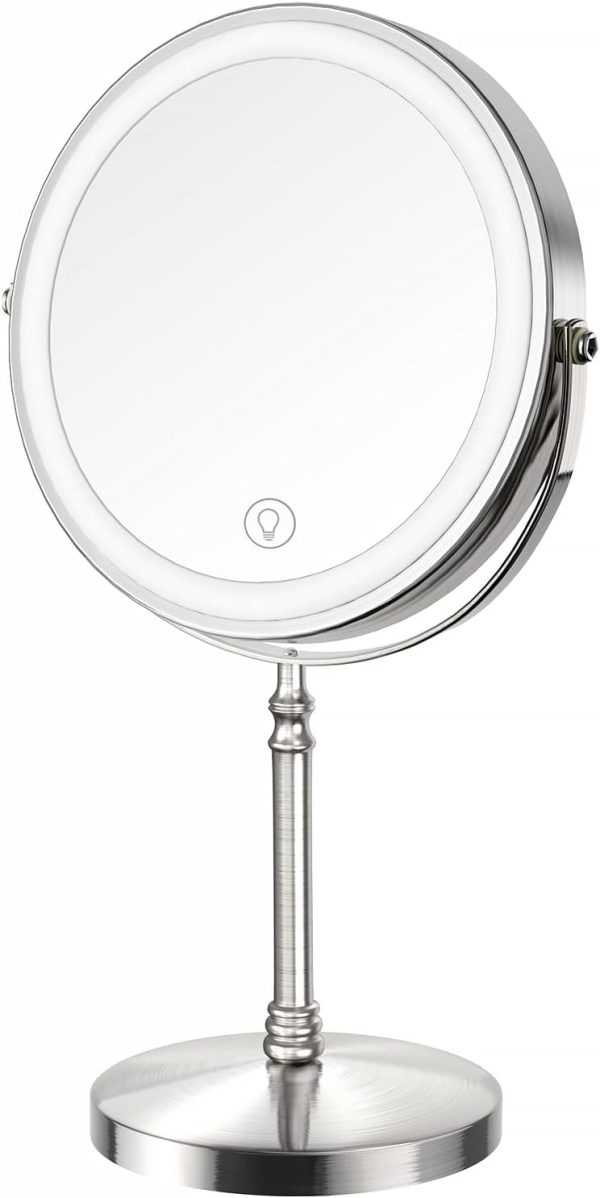 Lighted Makeup Mirror, 8" Rechargeable Double Sided Magnifying Mirror with 3 Colors, 1x/10x 360° Rotation Touch Screen Vanity Mirror, Brightness Adjustable Magnification Cosmetic Light up Mirror