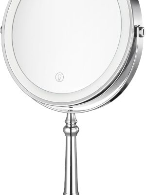 Lighted Makeup Mirror, 9" Rechargeable Vanity Mirror with Lights, Double-Sided 1X/10X Magnification, 3 Color Lights, Brightness Adjustable, 360° Rotation