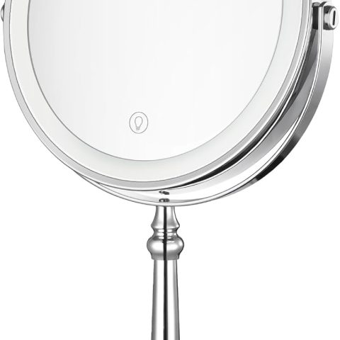 Lighted Makeup Mirror, 9" Rechargeable Vanity Mirror with Lights, Double-Sided 1X/10X Magnification, 3 Color Lights, Brightness Adjustable, 360° Rotation