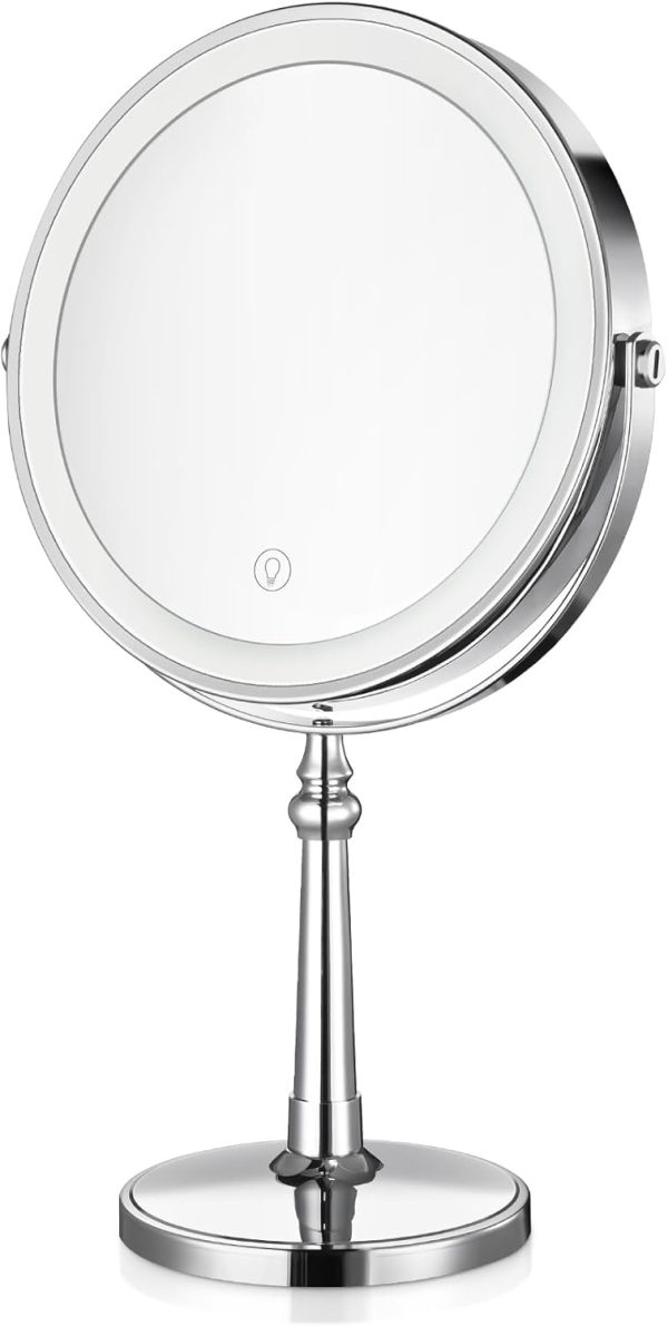 Lighted Makeup Mirror, 9" Rechargeable Vanity Mirror with Lights, Double-Sided 1X/10X Magnification, 3 Color Lights, Brightness Adjustable, 360° Rotation
