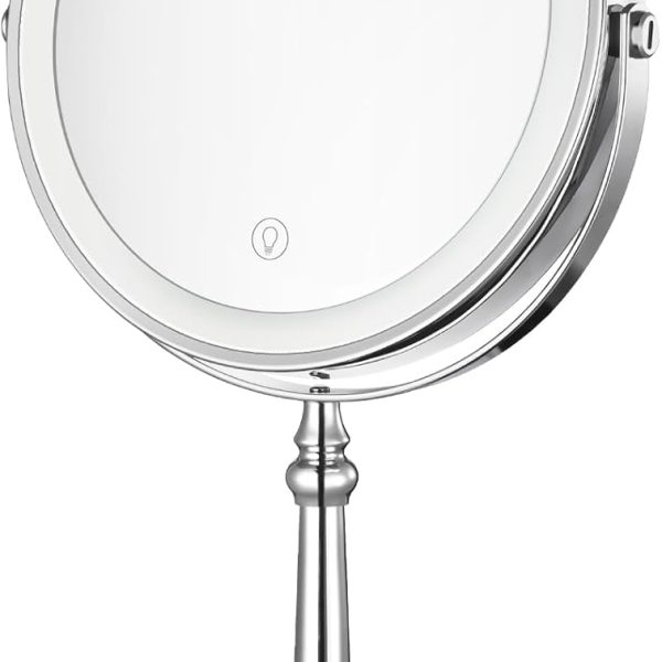 Lighted Makeup Mirror, 9" Rechargeable Vanity Mirror with Lights, Double-Sided 1X/10X Magnification, 3 Color Lights, Brightness Adjustable, 360° Rotation