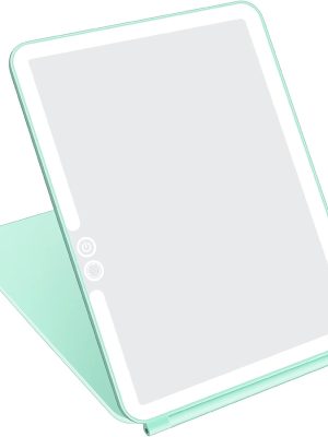 Folding Travel Mirror Lighted Makeup Mirror with 72 LEDs 3 Colors Light Modes, USB Rechargable, Portable, Ultra Thin, CompactVanity Mirror with Touch Screen Dimming for Cosmetic (Green)