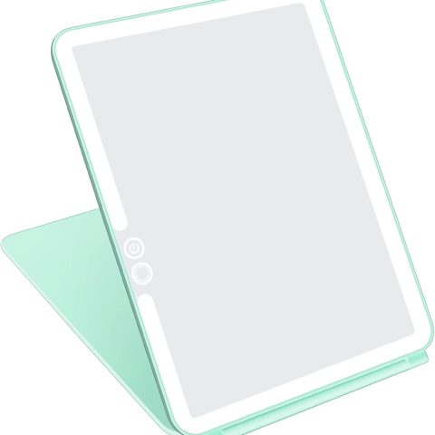 Folding Travel Mirror Lighted Makeup Mirror with 72 LEDs 3 Colors Light Modes, USB Rechargable, Portable, Ultra Thin, CompactVanity Mirror with Touch Screen Dimming for Cosmetic (Green)