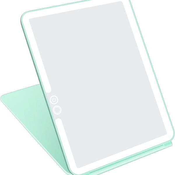 Folding Travel Mirror Lighted Makeup Mirror with 72 LEDs 3 Colors Light Modes, USB Rechargable, Portable, Ultra Thin, CompactVanity Mirror with Touch Screen Dimming for Cosmetic (Green)