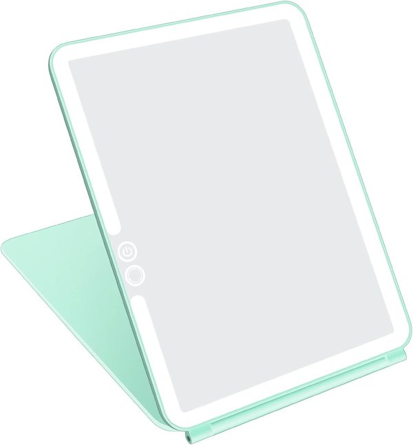Folding Travel Mirror Lighted Makeup Mirror with 72 LEDs 3 Colors Light Modes, USB Rechargable, Portable, Ultra Thin, CompactVanity Mirror with Touch Screen Dimming for Cosmetic (Green)