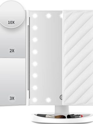 Vanity Mirror with Lights, Lighted Makeup Mirror with 2X 3X 10X Magnification, 21 LED Trifold Compact Touch Dimming Light Up Mirror, Dual Power Supply, Gifts for Women (White)