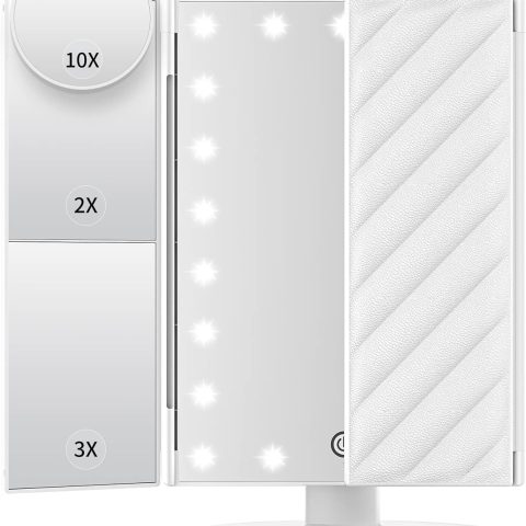 Vanity Mirror with Lights, Lighted Makeup Mirror with 2X 3X 10X Magnification, 21 LED Trifold Compact Touch Dimming Light Up Mirror, Dual Power Supply, Gifts for Women (White)