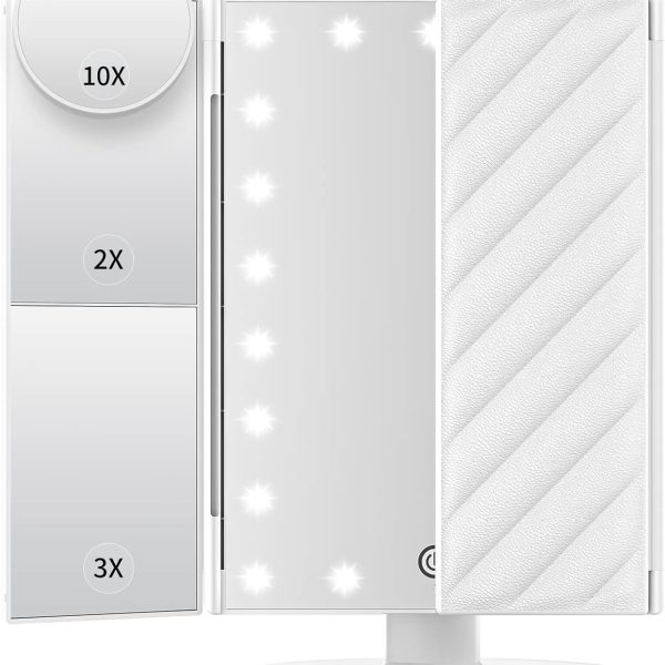 Vanity Mirror with Lights, Lighted Makeup Mirror with 2X 3X 10X Magnification, 21 LED Trifold Compact Touch Dimming Light Up Mirror, Dual Power Supply, Gifts for Women (White)