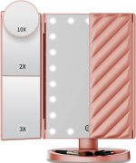Makeup Mirror Vanity Mirror with Lights, Lighted Makeup Mirror with 2X 3X 10X Magnification, 21 LED Trifold Compact Mirror, Touch Dimming Light Up Mirror, Dual Power Supply, Gifts for Women(Rose Gold)