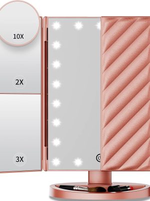 Makeup Mirror Vanity Mirror with Lights, Lighted Makeup Mirror with 2X 3X 10X Magnification, 21 LED Trifold Compact Mirror, Touch Dimming Light Up Mirror, Dual Power Supply, Gifts for Women(Rose Gold)