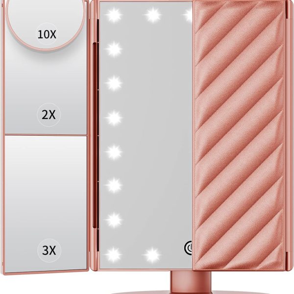 Makeup Mirror Vanity Mirror with Lights, Lighted Makeup Mirror with 2X 3X 10X Magnification, 21 LED Trifold Compact Mirror, Touch Dimming Light Up Mirror, Dual Power Supply, Gifts for Women(Rose Gold)