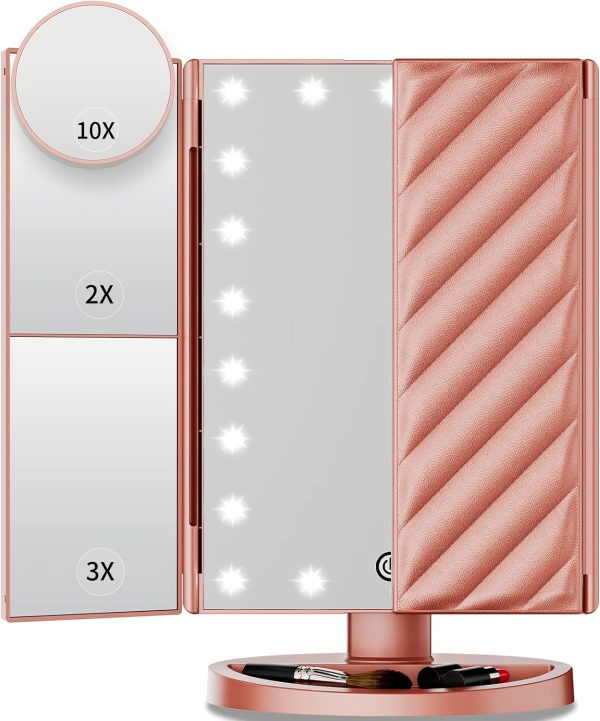 Makeup Mirror Vanity Mirror with Lights, Lighted Makeup Mirror with 2X 3X 10X Magnification, 21 LED Trifold Compact Mirror, Touch Dimming Light Up Mirror, Dual Power Supply, Gifts for Women(Rose Gold)
